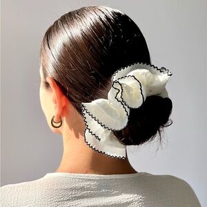 Handmade Eyelet Ruffle White Scrunchie with Pleated Chiffon Lace, Bun Holder